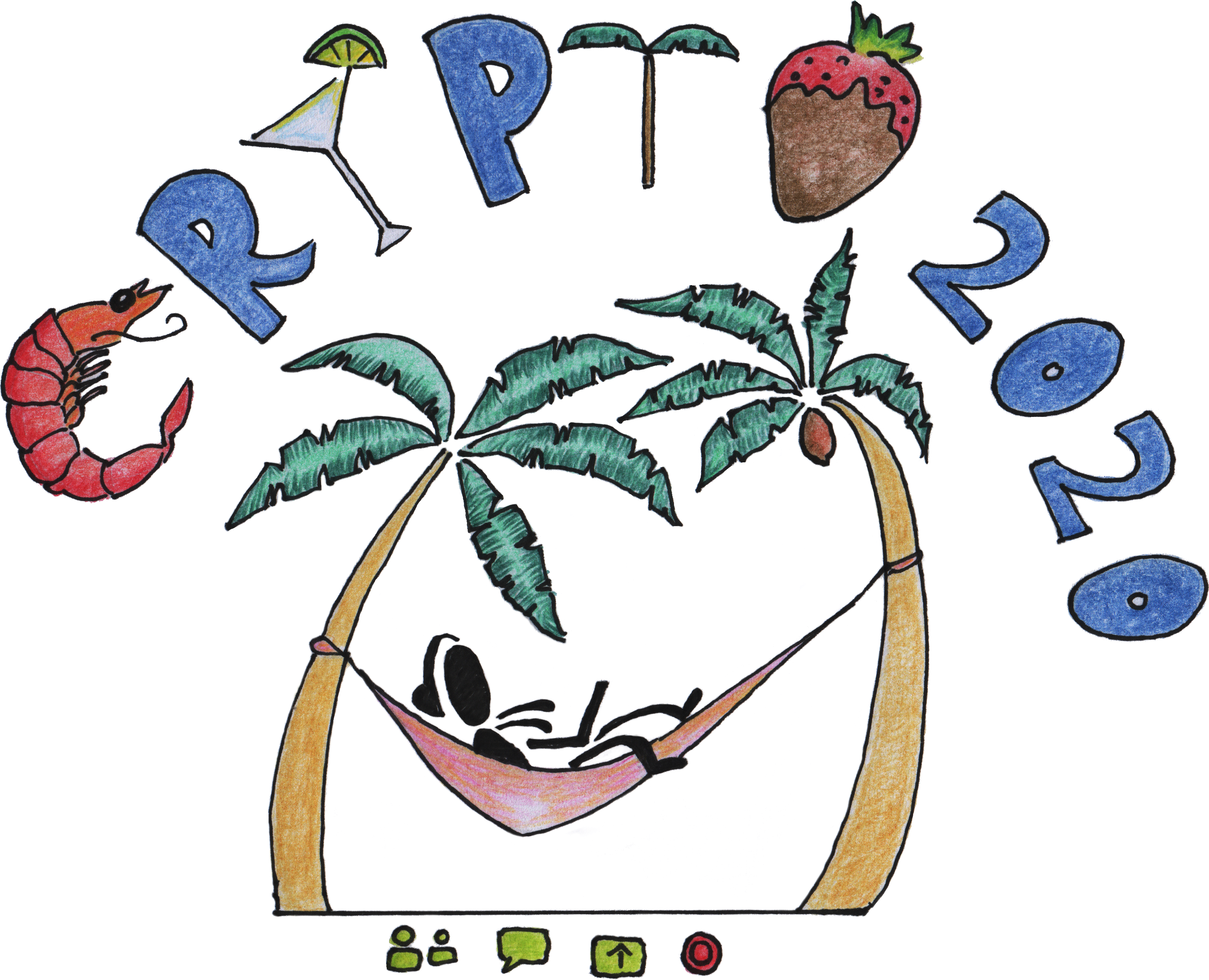 a stick figure laying on a hammock strung between two palm trees. the words crypto 2020 are above, with the c replaced by a shrimp and the o replaced with a chocolate dipped strawberry. below the palm trees are the zoom controls