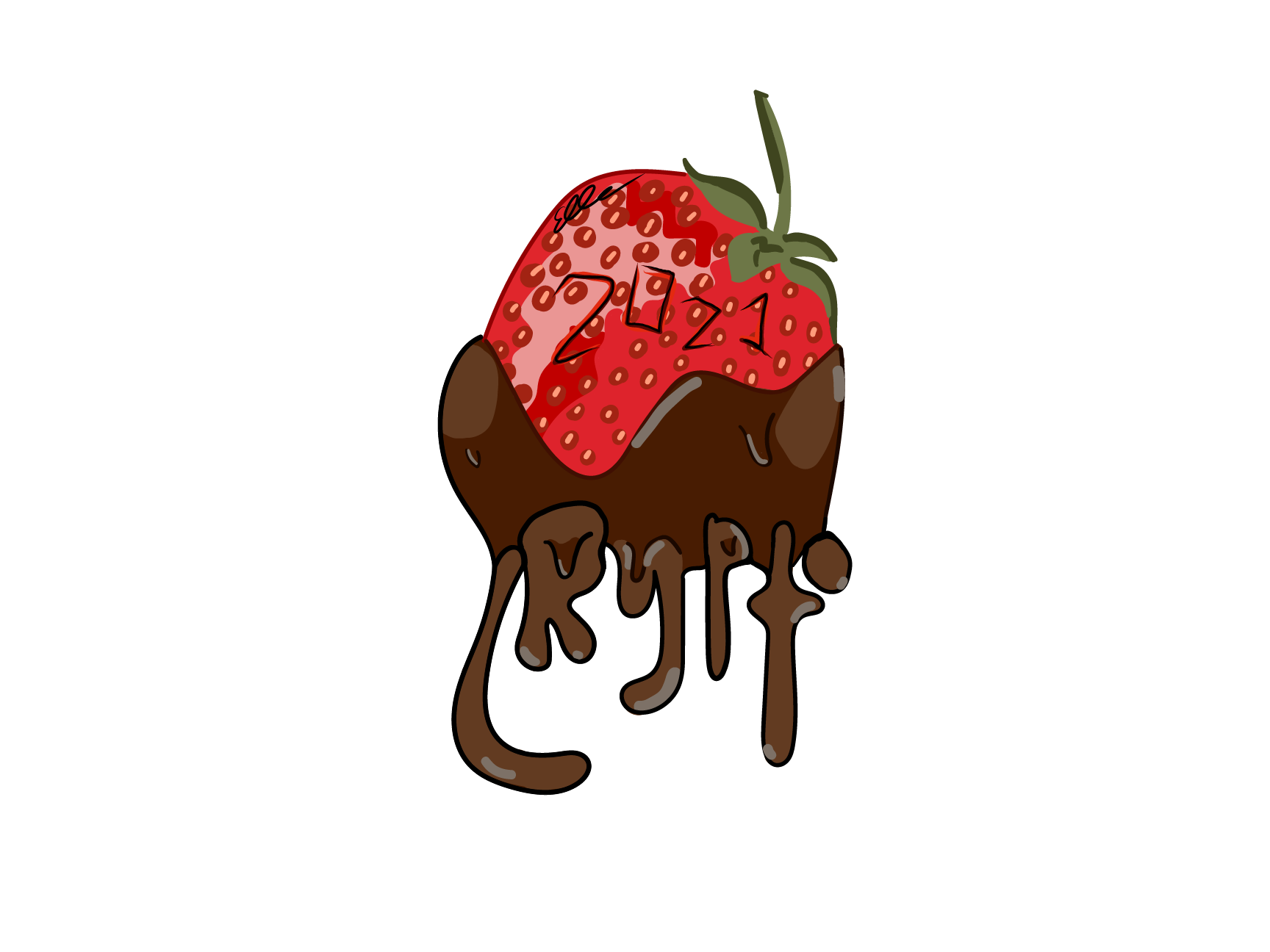 a strawberry with 2021 carved into it, dripping chocolate that forms the word Crypto